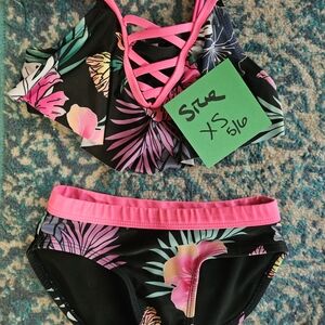 Wonder Nation Black and Pink Bikini with Strappy Details